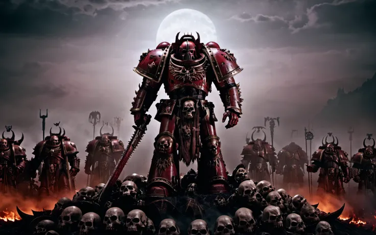 dvd screengrab, from dark fantasy epic film, Warhammer 40k, <lora:Space_Marine_v1:0.7>, photo of a Khorne Berzerkers, world eaters' legion, ((helmet)), highly detailed armor, Chaos Space Marines armor, wearing heavy bulky big red armor, standing on a pile of skulls, looking up, thick fog, moonlight. Dramatic, cinematic, atmospheric, 8k uhd, dslr, soft lighting, high quality, film grain, Fujifilm XT3