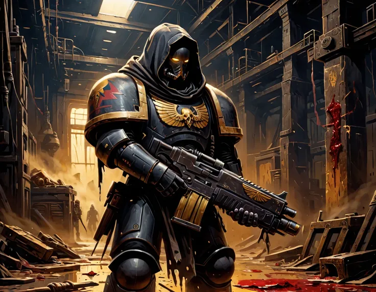 moebius inspired French comics artwork of a man wearing knight armor, holding bolter, full body, wearing hood, stands in the distance inside a large black factory workshop, gold drawings on the floor, the walls are smeared with blood, mega structures in the background <lora:primaris_marine-knight_armor-000007:0.7> , distinct contrast in colors and textures, dramatic lighting,highly detailed,vibrant yet slightly desaturated,sense of motion,grainy texture