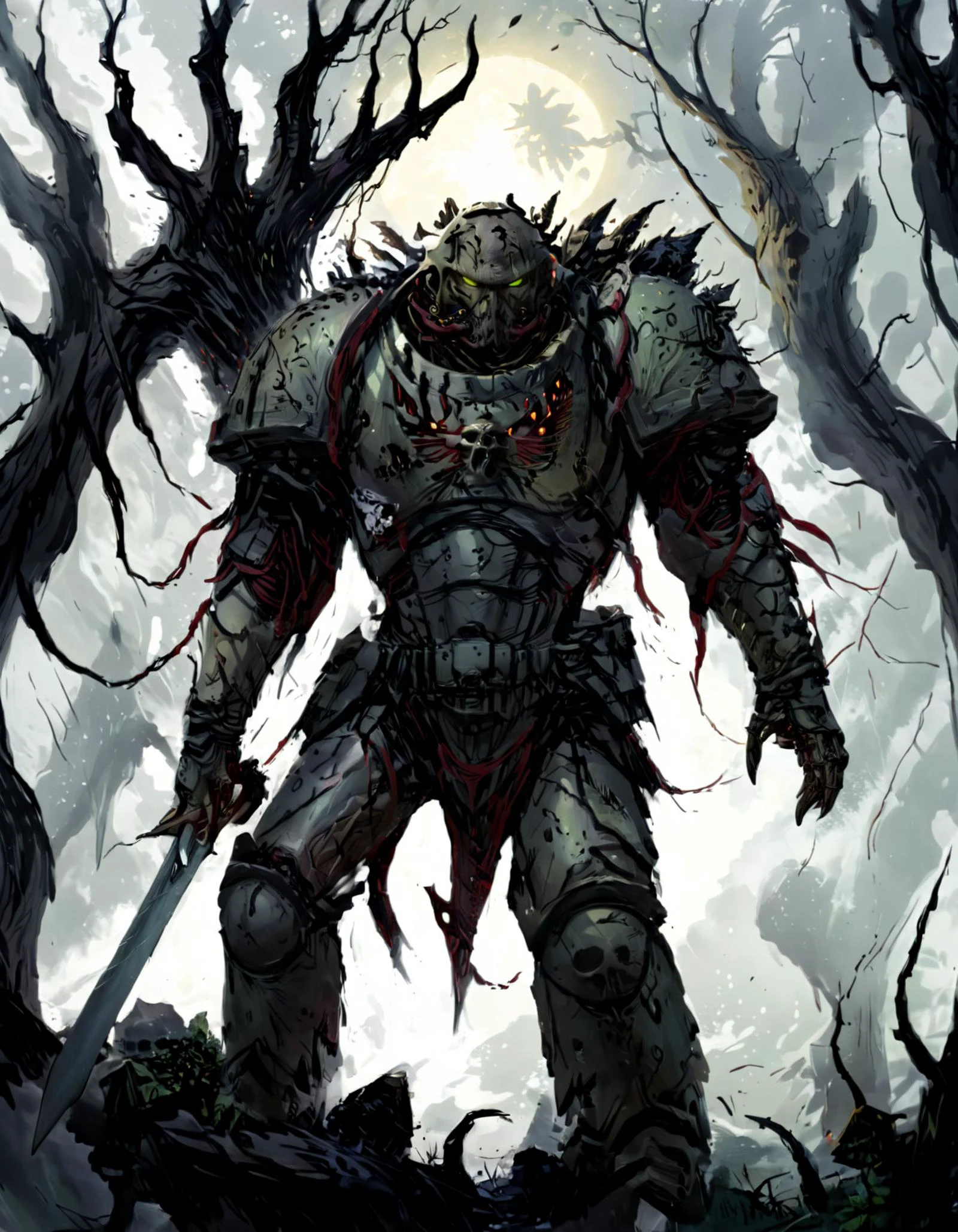 (photorealistic:1.2, Fujifilm XT3),A Plague corrupted horrible Space Marine, vile, a grotesque and twisted being who serves the Chaos God Nurgle, wading through a murky swamp. His armor, once shining and metallic, is now covered in a thick, suppurating slime that oozes from his pores. The Marine's form is distorted and grotesque, with bones and organs visible through his rotten flesh. His left arm ends in a misshapen mass of tentacles, while his right hand clutches a massive, diseased-ridden chainsword. The swamp around him is alive with putrid greenery, and the air is thick with the stench of decay. In the distance, a ruined temple can be seen, its walls covered in vines and moss. The Plague Marine's eyes glow with a malevolent light, and he seems to be drawn towards the temple, his mission clear: to spread the plague and devastation of Nurgle throughout the swamp. <lora:add-detail-xl:0.8> <lora:DonMD3m0nV31nsXL_v1.1-000009:0.8> DonMD3m0nV31nsXL, demonic, veins, bio, organic <lora:primaris_marine-knight_armor-000007:0.8> corrupted Knight armor, (masterpiece:1.2), (epic composition:1.4), (talent:1.2), ultra detailed, cinematic lighting, highly detailed, insanely detailed, (photorealistic:1.2), hdr, 8k, exquisite, sharp, elegant, ambient lighting, high quality, , <lora:takma2:0.8> <lora:ling1:0.8> ling1