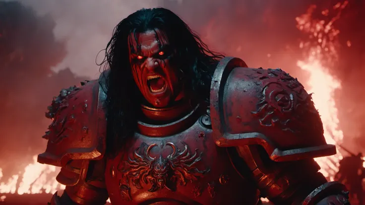 dvd screengrab, from dark fantasy epic film, Warhammer 40k, closeup photo of an angry man, Khorne Berserker, Chaos Space Marines armor, wearing heavy bulky big red armor, long black hair, scarred bloody face, screaming, glowing eyes, covered in blood, thick fog, fire, smoke, ruined ancient city, explosions, 8k uhd, dslr, soft lighting, high quality, film grain, Fujifilm XT3 <lora:Space_Marine_v1:0.2>