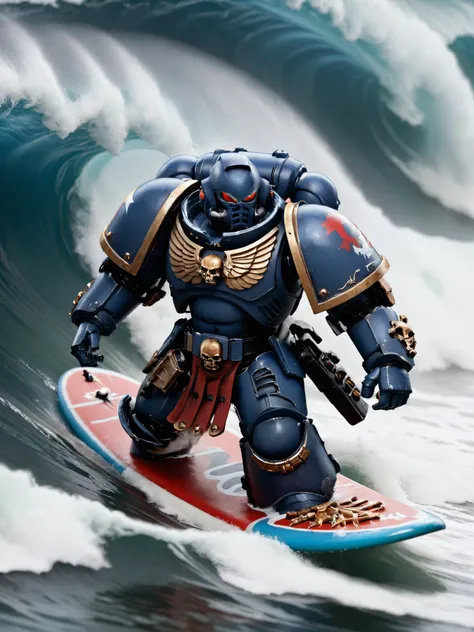 Photo of a space marine, <lora:primaris_marine-knight_armor-000007:0.6>Knight armor, surfing on a huge wave, standing on surfboard, action shot, motion blur, arms outstretched