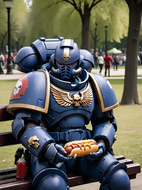 Photo of a space marine, <lora:primaris_marine-knight_armor-000007:0.6>Knight armor, eating a hotdog in a park
