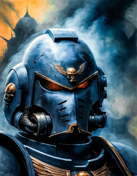 Drawing inspiration from 20th century surrealists like Zdislaw Beksinski,M.C. Escher,H.R. Giger, medium Close-up of a man primaris helmet, shouting in a haze of smoke, dust, eerie colored gas fog, <lora:primaris_marine-knight_armor-000007:0.8>, otherworldly landscapes,intricate biomechanical forms, oil on canvas, drybrush