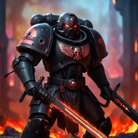 high quality, cyberpunk style, space marine, dynamic pose, black armor, red glowing eyes, fire in background, holding a sword, <lora:space_marine-000009:0.5>