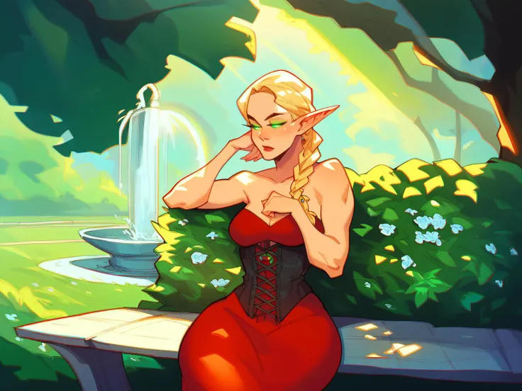 score_8_up, score_7_up, cowboy shot of elf woman sitting on bench in park, head rest, ornate red dress with green gems, corset, blonde, braid, glowing eyes, makeup, wide hips, tree, sunlight, flowers, fountain on background, fantasy, <lora:sxz-dreelrayk-smol-pdxl:0.8> dreelrayk style, halftone texture, chromatic aberration