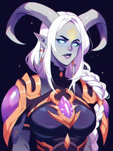 score_8_up, score_7_up, portrait of beautiful lightforged draenei paladin girl, long white hair, single braid, heavy armor with purple gems, big shoulder pads, grey skin, ornate horns, glowing rune on forehead, big breasts, fantasy, <lora:sxz-dreelrayk-smol-pdxl:1> dreelrayk style, halftone, no lineart, chromatic aberration