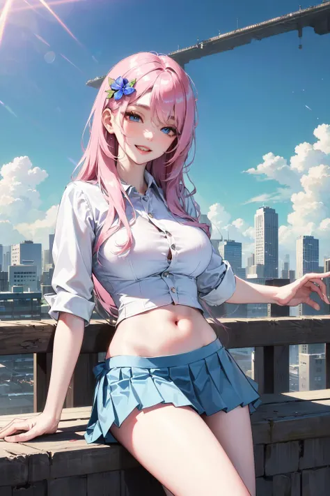 official art, masterpiece, sharp focus, (beautiful gorgeous cute Korean woman:1.3), (beautiful cute korean:1.3), korean beauty, Delicate and beautiful hair and eyes and face, realistic, ultra detailed, beautiful girl, blue sky, glow white particle, (sidelighting:1.2), sun light, white cloud, detailed clouds, slender, Lovely very large breasts and very large hips, smile with teeth, ((smile with eyes, open both eyes)), scenery, long straight hair, sexy facial expression, building, (cityscape:1.7), dynamic hair, long straight hair, detailed platinum pink hair, glow blue eyes, (blue pleated shirts + white skirt), white long socks, pale skin, hair ornament, epic scenery,