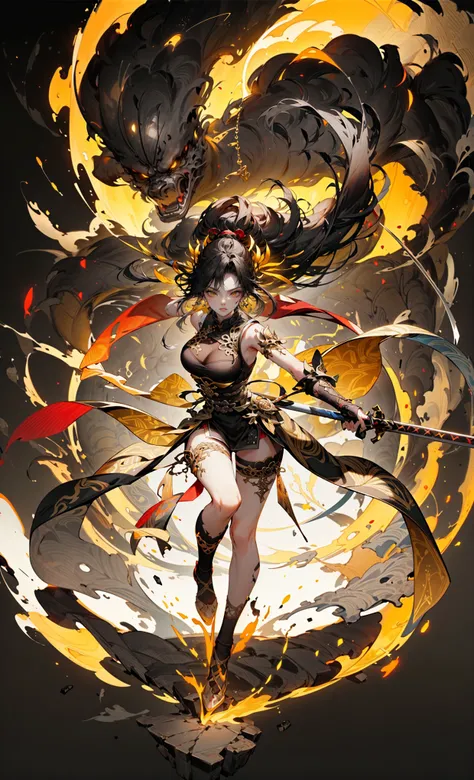 masterpiece, best quality, 8k, insane details, intricate details, hyperdetailed, hyper quality, high detail, ultra detailed, (black background:1.2),[(black background:1.5)::5], 
1girl, mature female,weapon, sword, jewelry, earrings, black_hair, breasts, solo, gloves, holding_weapon, holding_sword, medium_breasts,full body, yellow theme ,, 
(Slim body:1.1)(long legs:1.3),sideways glance,( cold attitude:1.3)
 A shot with tension(sky glows red,Visual impact,giving the poster a dynamic and visually striking appearance:1.2),Chinese Zen style,impactful picture,
<lora:niji_kfX:0.7>