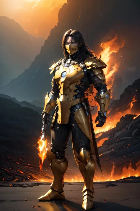 <lora:Scorpion_v1:0.7>
Masterpiece, best quality, (highly detailed raw photo:1.2), 8k render in octane, volumetric lighting, volumetric shadows <lora:more_details:0.6>
portrait of a man in a yellow costume, ((full body view)), (armor reflexions:1.2), attack posture, long hair
surrounded by fire and lava, mountains with lava in the background