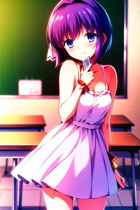 <lora:Clannad_fujibayashiRyou_v10:1.1>, fujibayashi ryou, ((masterpiece)), ((best quality)), ((highres)), ((detailed background)), ((extremely detailed CG unity 8k wallpaper)), solo, classroom, cards, sundress, white dress,