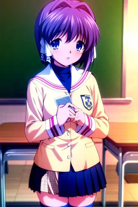 <lora:Clannad_fujibayashiRyou_v10:1.1>, fujibayashi ryou, ((masterpiece)), ((best quality)), ((highres)), ((detailed background)), ((extremely detailed CG unity 8k wallpaper)), solo, classroom, cards, clannad uniform, blue skirt, white stockings