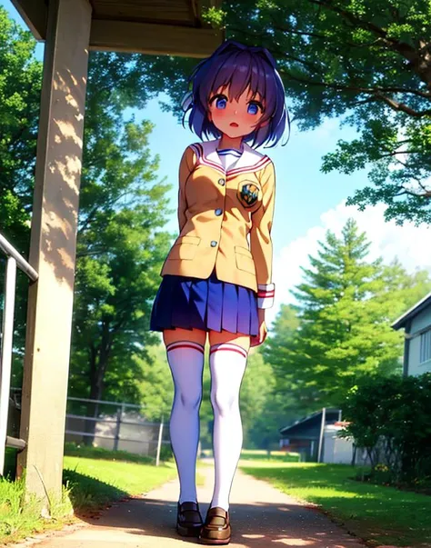 <lora:fujibayashiRyou_v10:0.7> , best quality, beautiful, masterpiece, full body, 1girl, fujibayashi ryou, clannad uniform, blue skirt, hair ribbon, white thighhighs, shy, school yard