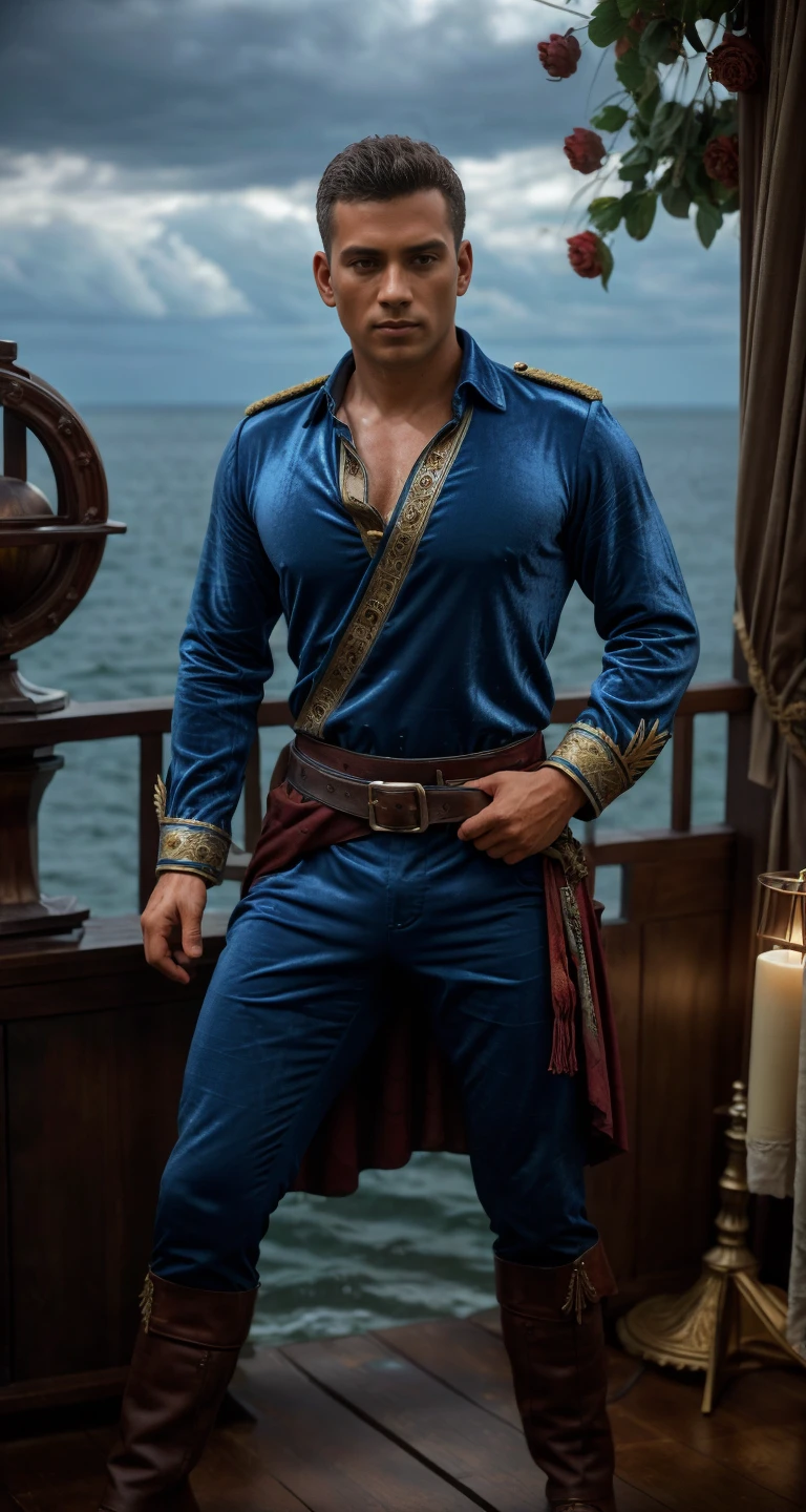 sfw solo modelshoot style (full body:1.3) photography of
(isaacrossiter person <lora:isaacrossiter_24300:0.8> ):1.5
with (morning hair wild disheveled shaggy haircut, windy hair texture), looking at viewer, standing as a British royal navy officer in the 1400, ((wearing flamboyant medieval military sea captain outfit intricate elegant noble patterned fabric clothes (cotton linen shirt):1.2 deep crimson red and navy blue color, velvet)), dynamic pose, bulge, Italian renaissance fashion, costume, fantasy, cosplay, dnd, renaissance fair, medieval, from pirates of the caribbean, flag flying above fort,
fresh face, detailed skin, skin pores, acne, freckles, mole, detailed eyes, defiance512,
(male focus, eye level shot, wide shot, full shot, full-length:1.3), subsurface scattering, (dust particles), ((particle effect)), sharp focus on subject, very detailed background, masterpiece, realistic, highly detailed, high-definition resolution, ultra realistic, highly detailed, f/1.8, 85mm, professionally color graded, trending on instagram, trending on tumblr, grainy, best quality:1.1, ultra photoreal, photorealistic:1.0, sharp focus:1.1, depth of field:1.1, 50mm, Hasselblad X1D II, Porta 160, (bloom), (shine), ray tracing, bokeh, 32k, Megapixel, HDR, Ultra-HD, Super-Resolution, RAW format, Professional shot, iso 100,
<lora:add_detail:0.3> <lora:BohoAI:0.3> <lora:LowRA:0.6> <lora:PiratePunkAIV4:0.3> <lora:pirates_of_the_caribbean_offset:0.3> prt