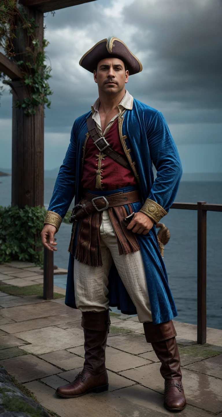 sfw solo modelshoot style (full body:1.3) photography of
(David Henrie <lora:davidhenrie_38250:0.8> ):1.5
with (morning hair wild disheveled shaggy haircut, windy hair texture), looking at viewer, standing as a British royal navy officer in the 1400, ((wearing flamboyant medieval military sea captain outfit intricate elegant noble patterned fabric clothes (cotton linen shirt):1.2 deep crimson red and navy blue color, velvet)), dynamic pose, bulge, Italian renaissance fashion, costume, fantasy, cosplay, dnd, renaissance fair, medieval, from pirates of the caribbean, flag flying above fort,
fresh face, detailed skin, skin pores, acne, freckles, mole, detailed eyes, defiance512,
(male focus, eye level shot, wide shot, full shot, full-length:1.3), subsurface scattering, (dust particles), ((particle effect)), sharp focus on subject, very detailed background, masterpiece, realistic, highly detailed, high-definition resolution, ultra realistic, highly detailed, f/1.8, 85mm, professionally color graded, trending on instagram, trending on tumblr, grainy, best quality:1.1, ultra photoreal, photorealistic:1.0, sharp focus:1.1, depth of field:1.1, 50mm, Hasselblad X1D II, Porta 160, (bloom), (shine), ray tracing, bokeh, 32k, Megapixel, HDR, Ultra-HD, Super-Resolution, RAW format, Professional shot, iso 100,
<lora:add_detail:0.3> <lora:BohoAI:0.3> <lora:LowRA:0.6> <lora:PiratePunkAIV4:0.3> <lora:pirates_of_the_caribbean_offset:0.3> prt