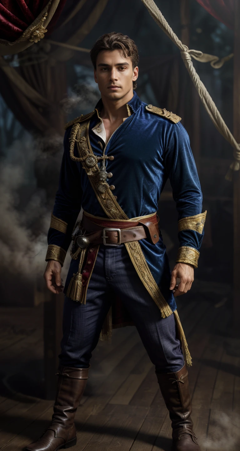 sfw solo modelshoot style (full body:1.3) photography of
(michal <lora:michal:0.8> ):1.5
with (morning hair wild disheveled shaggy haircut, windy hair texture), looking at viewer, standing as a British royal navy officer in the 1400, ((wearing flamboyant medieval military sea captain outfit intricate elegant noble patterned fabric clothes (cotton linen shirt):1.2 deep crimson red and navy blue color, velvet)), dynamic pose, bulge, Italian renaissance fashion, costume, fantasy, cosplay, dnd, renaissance fair, medieval, from pirates of the caribbean, flag flying above fort,
fresh face, detailed skin, skin pores, acne, freckles, mole, detailed eyes, defiance512,
(male focus, eye level shot, wide shot, full shot, full-length:1.3), subsurface scattering, (dust particles), ((particle effect)), sharp focus on subject, very detailed background, masterpiece, realistic, highly detailed, high-definition resolution, ultra realistic, highly detailed, f/1.8, 85mm, professionally color graded, trending on instagram, trending on tumblr, grainy, best quality:1.1, ultra photoreal, photorealistic:1.0, sharp focus:1.1, depth of field:1.1, 50mm, Hasselblad X1D II, Porta 160, (bloom), (shine), ray tracing, bokeh, 32k, Megapixel, HDR, Ultra-HD, Super-Resolution, RAW format, Professional shot, iso 100,
<lora:add_detail:0.3> <lora:BohoAI:0.3> <lora:LowRA:0.6> <lora:PiratePunkAIV4:0.3> <lora:pirates_of_the_caribbean_offset:0.3> prt