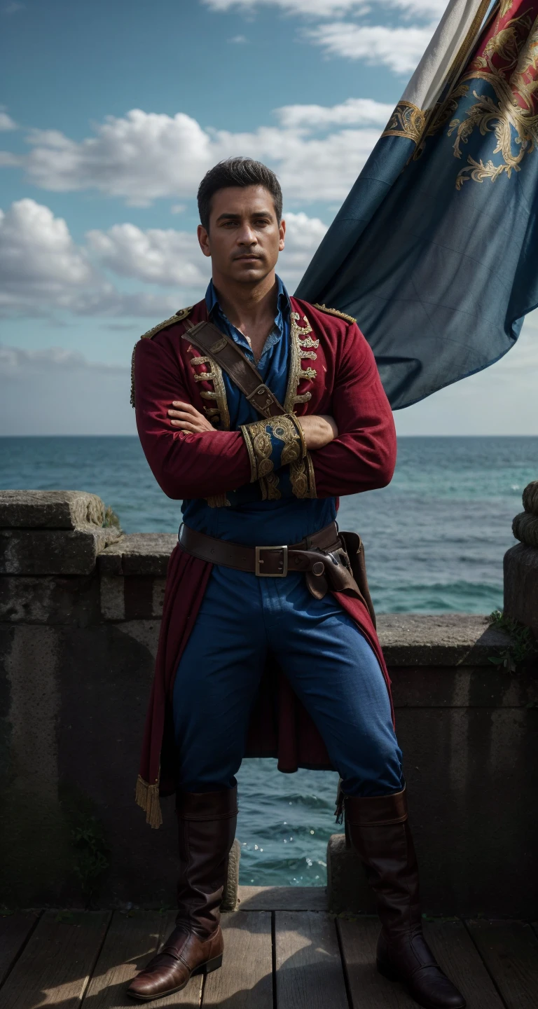 sfw solo modelshoot style (full body:1.3) photography of
(David Henrie <lora:davidhenrie_93600:0.8> ):1.5
with (morning hair wild disheveled shaggy haircut, windy hair texture), looking at viewer, standing as a British royal navy officer in the 1400, ((wearing flamboyant medieval military sea captain outfit intricate elegant noble patterned fabric clothes (cotton linen shirt):1.2 deep crimson red and navy blue color, velvet)), dynamic pose, bulge, Italian renaissance fashion, costume, fantasy, cosplay, dnd, renaissance fair, medieval, from pirates of the caribbean, flag flying above fort,
fresh face, detailed skin, skin pores, acne, freckles, mole, detailed eyes, defiance512,
(male focus, eye level shot, wide shot, full shot, full-length:1.3), subsurface scattering, (dust particles), ((particle effect)), sharp focus on subject, very detailed background, masterpiece, realistic, highly detailed, high-definition resolution, ultra realistic, highly detailed, f/1.8, 85mm, professionally color graded, trending on instagram, trending on tumblr, grainy, best quality:1.1, ultra photoreal, photorealistic:1.0, sharp focus:1.1, depth of field:1.1, 50mm, Hasselblad X1D II, Porta 160, (bloom), (shine), ray tracing, bokeh, 32k, Megapixel, HDR, Ultra-HD, Super-Resolution, RAW format, Professional shot, iso 100,
<lora:add_detail:0.3> <lora:BohoAI:0.3> <lora:LowRA:0.6> <lora:PiratePunkAIV4:0.3> <lora:pirates_of_the_caribbean_offset:0.3> prt