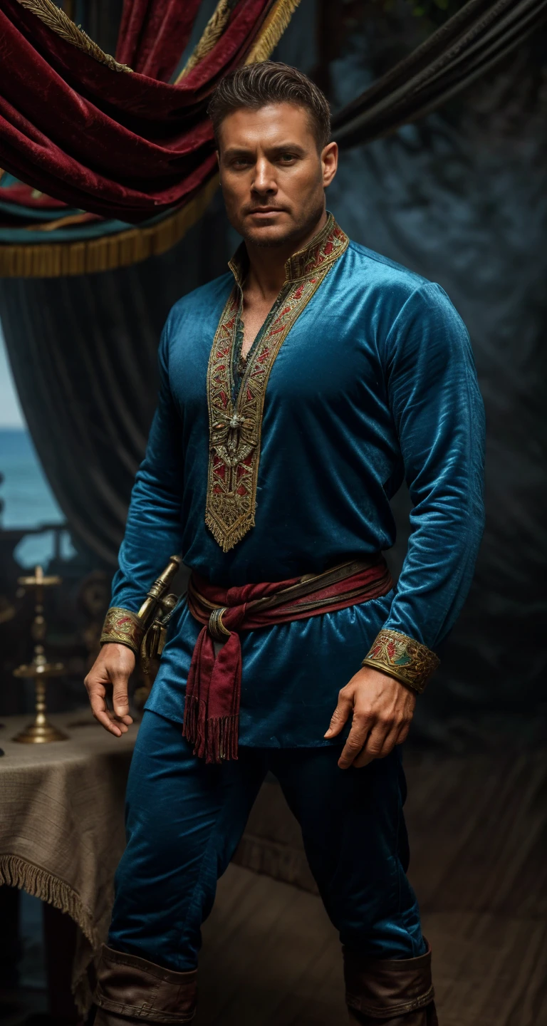 sfw solo modelshoot style (full body:1.3) photography of
(Jesen Ackles <lora:jensen_ackles :0.8> ):1.5
with (morning hair wild disheveled shaggy haircut, windy hair texture), looking at viewer, standing as a British royal navy officer in the 1400, ((wearing flamboyant medieval military sea captain outfit intricate elegant noble patterned fabric clothes (cotton linen shirt):1.2 deep crimson red and navy blue color, velvet)), dynamic pose, bulge, Italian renaissance fashion, costume, fantasy, cosplay, dnd, renaissance fair, medieval, from pirates of the caribbean, flag flying above fort,
fresh face, detailed skin, skin pores, acne, freckles, mole, detailed eyes, defiance512,
(male focus, eye level shot, wide shot, full shot, full-length:1.3), subsurface scattering, (dust particles), ((particle effect)), sharp focus on subject, very detailed background, masterpiece, realistic, highly detailed, high-definition resolution, ultra realistic, highly detailed, f/1.8, 85mm, professionally color graded, trending on instagram, trending on tumblr, grainy, best quality:1.1, ultra photoreal, photorealistic:1.0, sharp focus:1.1, depth of field:1.1, 50mm, Hasselblad X1D II, Porta 160, (bloom), (shine), ray tracing, bokeh, 32k, Megapixel, HDR, Ultra-HD, Super-Resolution, RAW format, Professional shot, iso 100,
<lora:add_detail:0.3> <lora:BohoAI:0.3> <lora:LowRA:0.6> <lora:PiratePunkAIV4:0.3> <lora:pirates_of_the_caribbean_offset:0.3> prt
