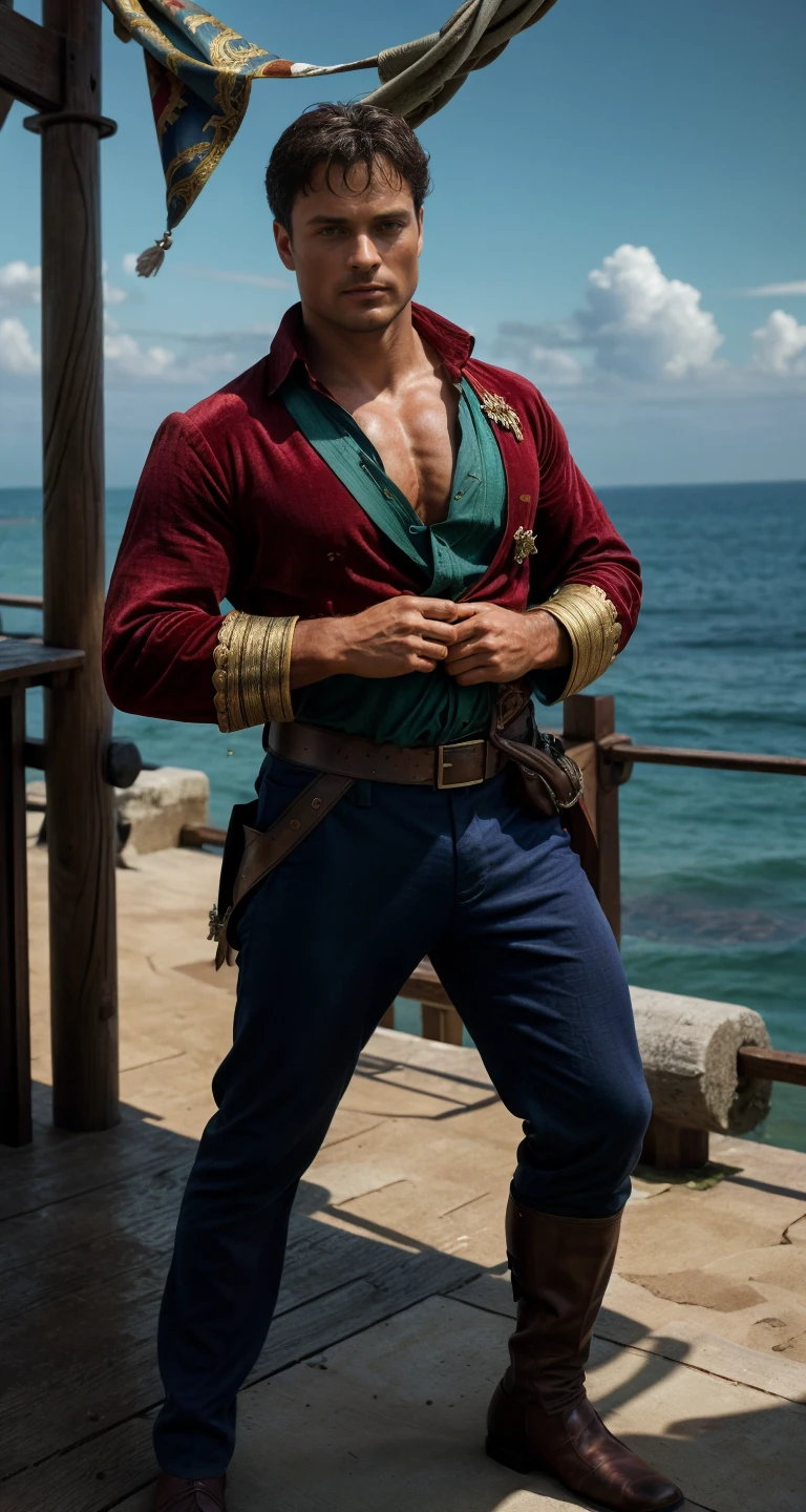 sfw solo modelshoot style (full body:1.3) photography of
(tom welling <lora:tom_welling:0.8> ):1.5
with (morning hair wild disheveled shaggy haircut, windy hair texture), looking at viewer, standing as a British royal navy officer in the 1400, ((wearing flamboyant medieval military sea captain outfit intricate elegant noble patterned fabric clothes (cotton linen shirt):1.2 deep crimson red and navy blue color, velvet)), dynamic pose, bulge, Italian renaissance fashion, costume, fantasy, cosplay, dnd, renaissance fair, medieval, from pirates of the caribbean, flag flying above fort,
fresh face, detailed skin, skin pores, acne, freckles, mole, detailed eyes, defiance512,
(male focus, eye level shot, wide shot, full shot, full-length:1.3), subsurface scattering, (dust particles), ((particle effect)), sharp focus on subject, very detailed background, masterpiece, realistic, highly detailed, high-definition resolution, ultra realistic, highly detailed, f/1.8, 85mm, professionally color graded, trending on instagram, trending on tumblr, grainy, best quality:1.1, ultra photoreal, photorealistic:1.0, sharp focus:1.1, depth of field:1.1, 50mm, Hasselblad X1D II, Porta 160, (bloom), (shine), ray tracing, bokeh, 32k, Megapixel, HDR, Ultra-HD, Super-Resolution, RAW format, Professional shot, iso 100,
<lora:add_detail:0.3> <lora:BohoAI:0.3> <lora:LowRA:0.6> <lora:PiratePunkAIV4:0.3> <lora:pirates_of_the_caribbean_offset:0.3> prt