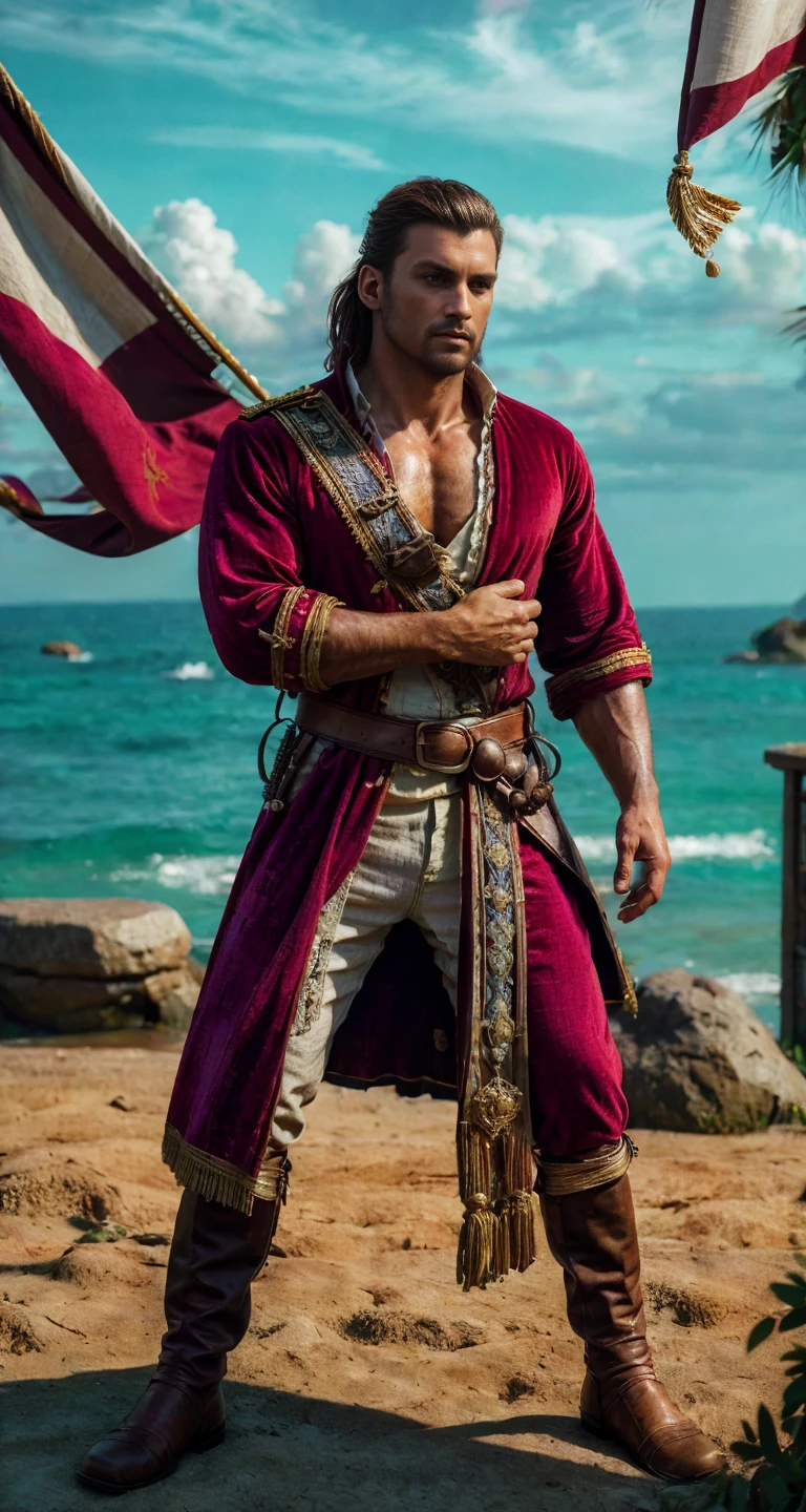sfw solo modelshoot style (full body:1.3) photography of
(alexios <lora:Nlo_ALexios_v1.3:0.8> ):1.5
with (morning hair wild disheveled shaggy haircut, windy hair texture), looking at viewer, standing as a British royal navy officer in the 1400, ((wearing flamboyant medieval military sea captain outfit intricate elegant noble patterned fabric clothes (cotton linen shirt):1.2 deep crimson red and navy blue color, velvet)), dynamic pose, bulge, Italian renaissance fashion, costume, fantasy, cosplay, dnd, renaissance fair, medieval, from pirates of the caribbean, flag flying above fort,
fresh face, detailed skin, skin pores, acne, freckles, mole, detailed eyes, defiance512,
(male focus, eye level shot, wide shot, full shot, full-length:1.3), subsurface scattering, (dust particles), ((particle effect)), sharp focus on subject, very detailed background, masterpiece, realistic, highly detailed, high-definition resolution, ultra realistic, highly detailed, f/1.8, 85mm, professionally color graded, trending on instagram, trending on tumblr, grainy, best quality:1.1, ultra photoreal, photorealistic:1.0, sharp focus:1.1, depth of field:1.1, 50mm, Hasselblad X1D II, Porta 160, (bloom), (shine), ray tracing, bokeh, 32k, Megapixel, HDR, Ultra-HD, Super-Resolution, RAW format, Professional shot, iso 100,
<lora:add_detail:0.3> <lora:BohoAI:0.3> <lora:LowRA:0.6> <lora:PiratePunkAIV4:0.3> <lora:pirates_of_the_caribbean_offset:0.3> prt