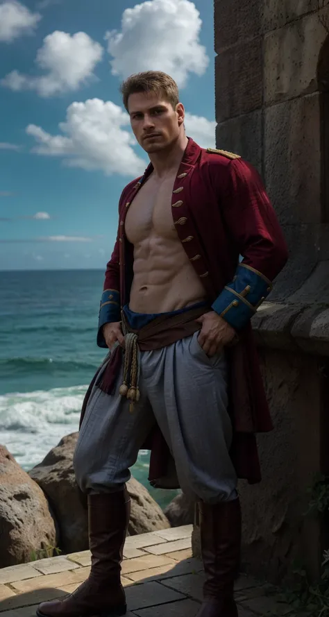 sfw solo modelshoot style (full body:1.3) photography of man
with (morning hair wild disheveled shaggy haircut, windy hair texture), looking at viewer, standing as a British royal navy officer in the 1400, ((wearing flamboyant medieval military sea captain outfit intricate elegant noble patterned fabric clothes (cotton linen) deep crimson red and navy blue color, velvet)), dynamic pose, bulge, Italian renaissance fashion, costume, fantasy, cosplay, dnd, renaissance fair, medieval, from pirates of the caribbean, united kingdom flag, union jack flying above fort,
fresh face, detailed skin, skin pores, acne, freckles, mole, detailed eyes, defiance512,
(male focus, eye level shot, wide shot, full shot, full-length:1.3), subsurface scattering, (dust particles), ((particle effect)), sharp focus on subject, very detailed background, masterpiece, realistic, highly detailed, high-definition resolution, ultra realistic, highly detailed, f/1.8, 85mm, professionally color graded, trending on instagram, trending on tumblr, grainy, best quality:1.1, ultra photoreal, photorealistic:1.0, sharp focus:1.1, depth of field:1.1, 50mm, Hasselblad X1D II, Porta 160, (bloom), (shine), ray tracing, bokeh, 32k, Megapixel, HDR, Ultra-HD, Super-Resolution, RAW format, Professional shot, iso 100,
<lora:add_detail:0.3> <lora:BohoAI:0.3> <lora:LowRA:0.6> <lora:PiratePunkAIV4:0.3> <lora:pirates_of_the_caribbean_offset:0.3> prt