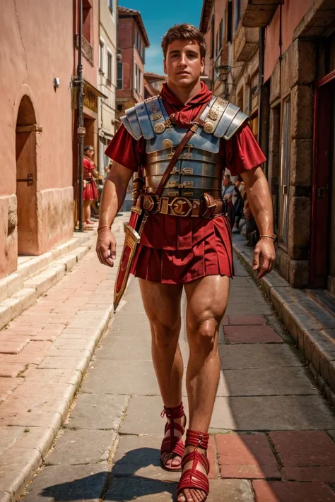 fantrome, walking the streets of a roman city, 
JustinP jusp person <lora:JustinP-DocStasis:0.8> 
is a roman soldier wearing loriseg armor, red tunic, red shirt, sandals, ((full body portrait)) wide wangle    <lora:LoricaSegmentataRomanLegionary_V2-E10:0.6>  <lora:fantrome_v3:0.45>