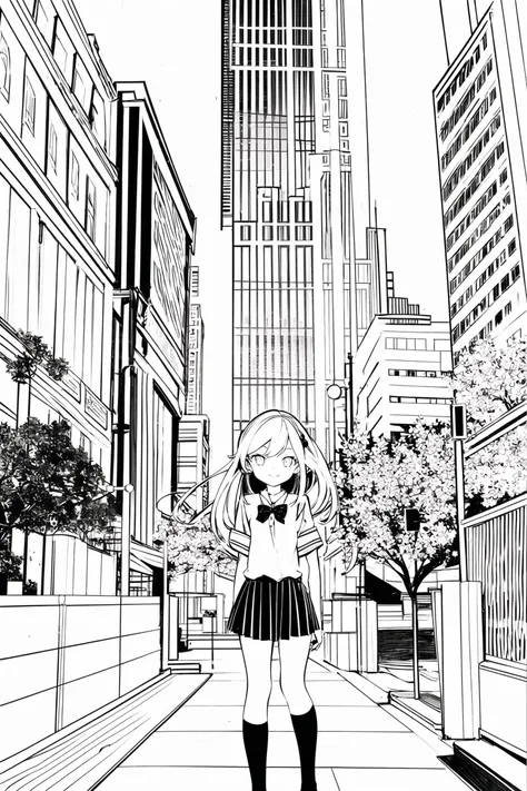 masterpiece, best quality, 1girl, <lora:thickline:1>, light smile, street, skyscrapper, school uniform, <lora:animeoutline-000008:1>, monochrome, lineart