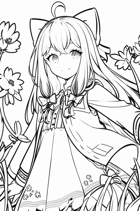 masterpiece, best quality, 1girl, solo, dynamic pose, brown hair, long hair, hair bow, <lora:jiaranV23:0.8>, light smile, closed mouth, meadow, monochrome, lineart, <lora:animeoutlineV3-000008:0.8>, cowboy shot,