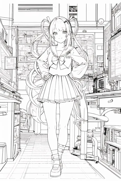 masterpiece, best quality, 1girl, solo, smile, <lora:kangelNeedyGirl_v10:1>, school uniform, computer, cyberpunk, indoors, streamer, hand on hip, very long hair, monochrome, lineart, <lora:animeoutlineV3-000008:1>, full body,