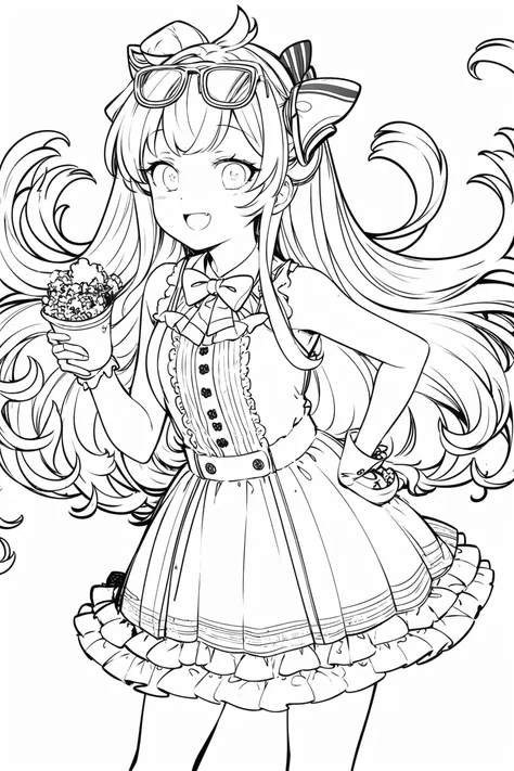 masterpiece, best quality, master, best quality, 1girl, solo, long_hair, looking_at_viewer, smile, open_mouth, gloves, dress, bow, very_long_hair, yellow_eyes, pink_hair, :d, hair_bow, multicolored_hair, food, virtual_youtuber, bowtie, white_dress, sunglasses, candy, eyewear_on_head, asymmetrical_legwear, hands_on_hips, mismatched_legwear, copyright, popcorn, monochrome, lineart, white background, <lora:animeoutlineV3-000008:1>