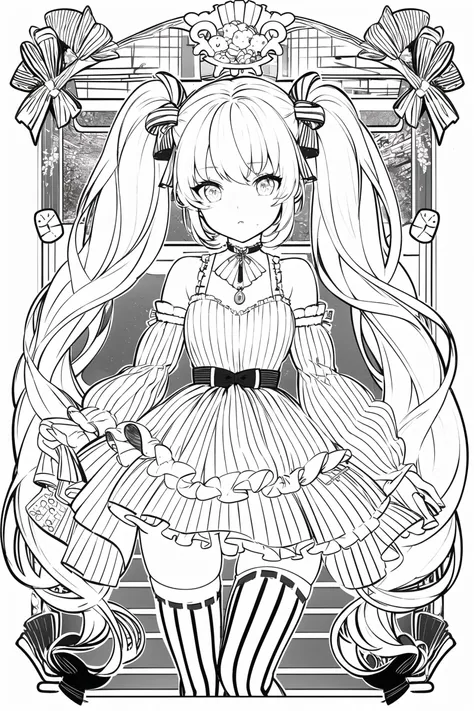 masterpiece, best quality, 1girl, solo, long_hair, thighhighs, twintails, jewelry, very_long_hair, detached_sleeves, food, striped, candy, striped_thighhighs, vertical_stripes, vertical-striped_thighhighs, candy_cane, <lora:animeoutlineV3-000008:1>