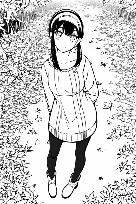 masterpiece, best quality, 1girl, solo, spy x family,yor briar,1girl,arm behind back,autumn,autumn leaves,bangs,bare shoulders,black hair,black pantyhose,breasts,brown footwear,closed mouth,collarbone,day,dress,dutch angle,food,from above,full body,hairband,holding,leaf,long sleeves,looking at viewer,looking up,maple leaf,medium breasts,off-shoulder sweater,off shoulder,outdoors,pantyhose,sweater,shoes,short hair with long locks,sidelocks,solo,standing,sweater,sweater dress,vegetable,white hairband, <lora:yorBriarSpyFamily_lykonV1:1>, <lora:animeoutline-000008:1>, monochrome, lineart