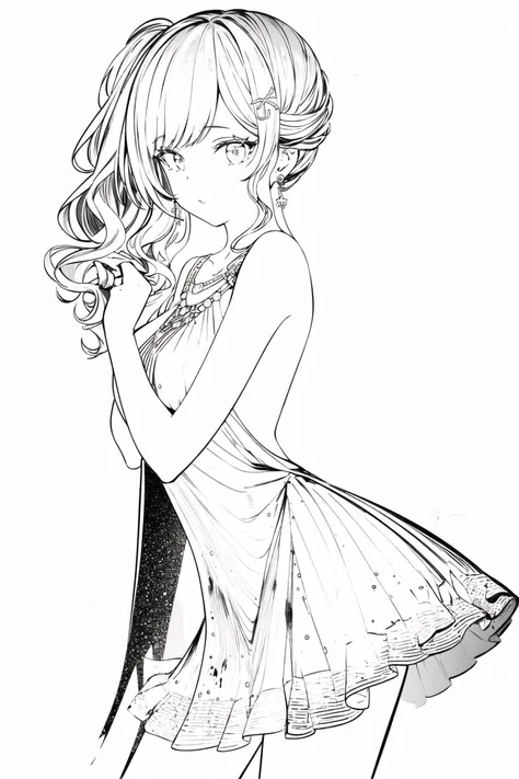masterpiece, best quality, 1girl, solo, st. louis \(luxurious wheels\) \(azur lane\), hair ornament, earrings, necklace, cowboy shot, silver dress, revealing clothes, looking at viewer, <lora:stLouisLuxuriousWheels_v1:0.8>, monochrome, lineart, white background, <lora:animeoutline-000008:1>
