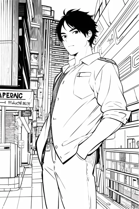 masterpiece, best quality, 1man, uniform, hand in pocket, school bag, black hair, black eyes, cyberpunk, street, <lora:animeoutlineV3:1>, monochrome, lineart