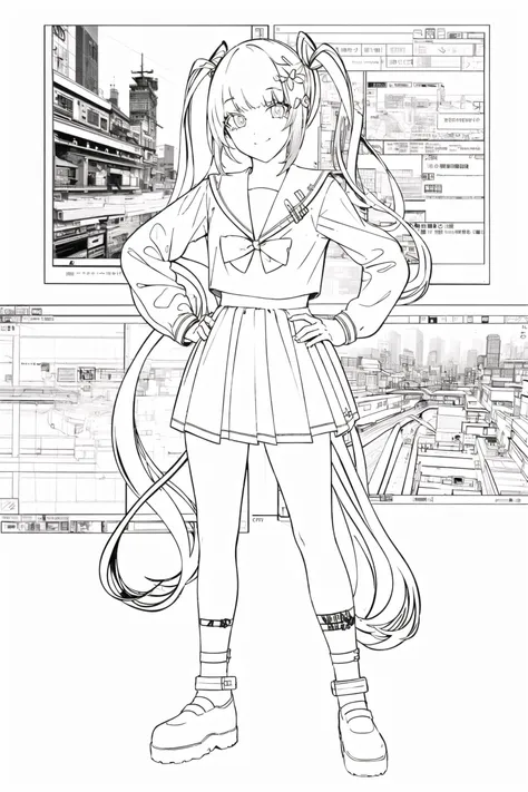 masterpiece, best quality, 1girl, solo, smile, <lora:kangelNeedyGirl_v10:1>, school uniform, computer, cyberpunk, skyscraper, streamer, hand on hip, very long hair, <lora:animeoutline-000008:1>, monochrome, lineart