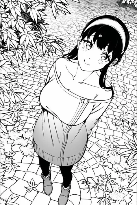 masterpiece, best quality, 1girl, solo, spy x family,yor briar,1girl,arm behind back,autumn,autumn leaves,bangs,bare shoulders,black hair,black pantyhose,breasts,brown footwear,closed mouth,collarbone,day,dress,dutch angle,food,from above,full body,hairband,holding,leaf,long sleeves,looking at viewer,looking up,maple leaf,medium breasts,off-shoulder sweater,off shoulder,outdoors,pantyhose,sweater,shoes,short hair with long locks,sidelocks,solo,standing,sweater,sweater dress,vegetable,white hairband, <lora:yorBriarSpyFamily_lykonV1:1>, monochrome, lineart, <lora:animeoutlineV3-000008:1>