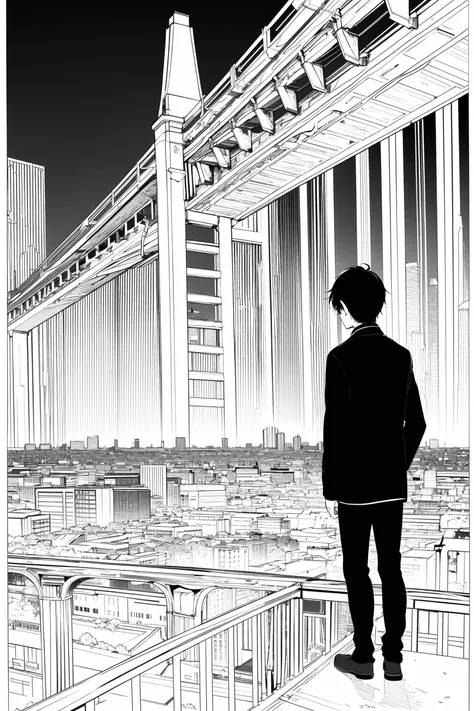 masterpiece, best quality, flat color, limited palette, low contrast, (ligne claire), 1boy, long straight black hair, looking away, standing. smoke, night sky, city, sunset, sky scrapers, bridge, depth of field, black, red, orange, brown, autumn, haze, lineart, monochrome, <lora:animeoutlineV4_16:1>