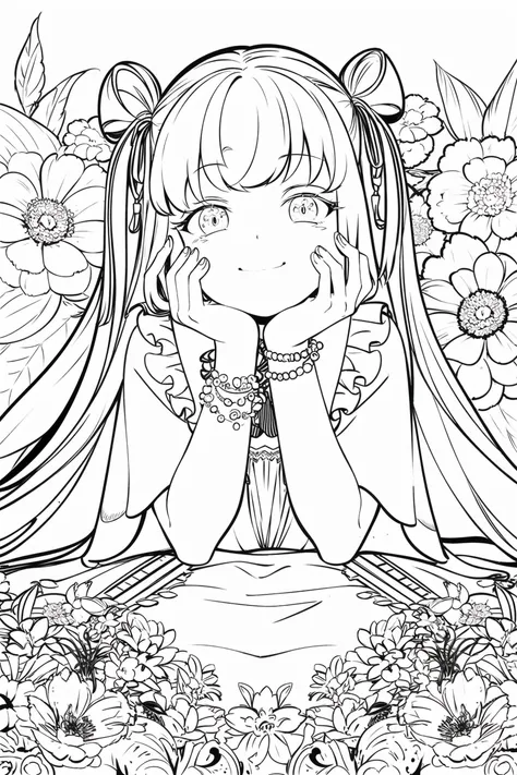 masterpiece, best quality, master, best quality, 1girl, solo, long_hair, looking_at_viewer, smile, dress, ribbon, jewelry, very_long_hair, hair_ribbon, flower, bracelet, two_side_up, hand_on_own_face, head_rest, hand_on_own_cheek, <lora:animeoutlineV3-000008:1>, monochrome, lineart