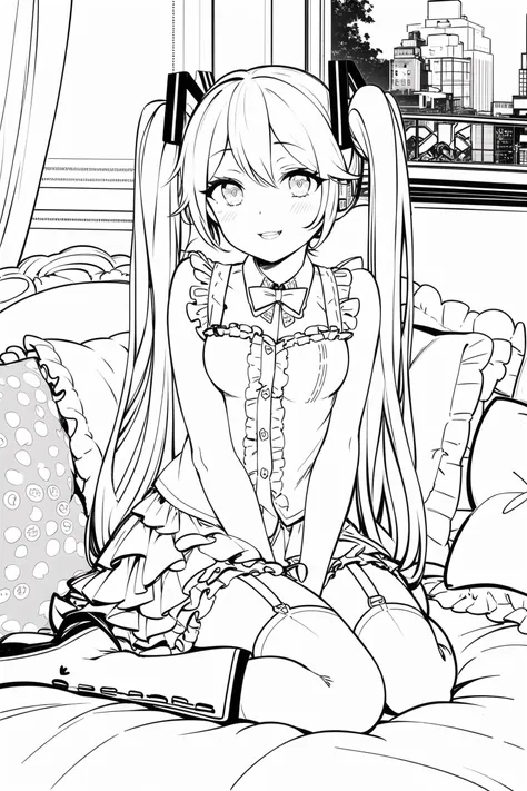 masterpiece, best quality, hatsune miku, pillow, garter straps, hatsune miku, 1girl, cushion, long hair, thighhighs, frilled pillow, skirt, solo, couch, boots, smile, heart pillow, looking at viewer, breasts, twintails, jacket, bed, high heels, sweet devil \(vocaloid\), parted lips, monochrome, lineart, <lora:animeoutlineV3-000008:0.8>