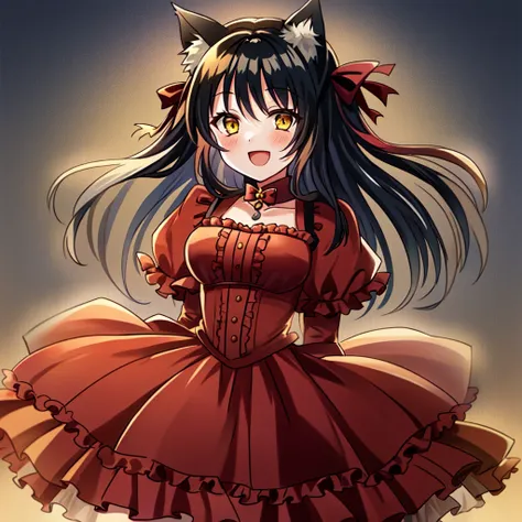 1girl, solo, catgirl, cat ears, :D, red dress, black hair, yellow eyes, night