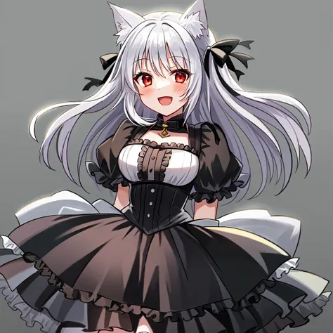 1girl, solo, catgirl, cat ears, :D, black dress, white hair, red eyes