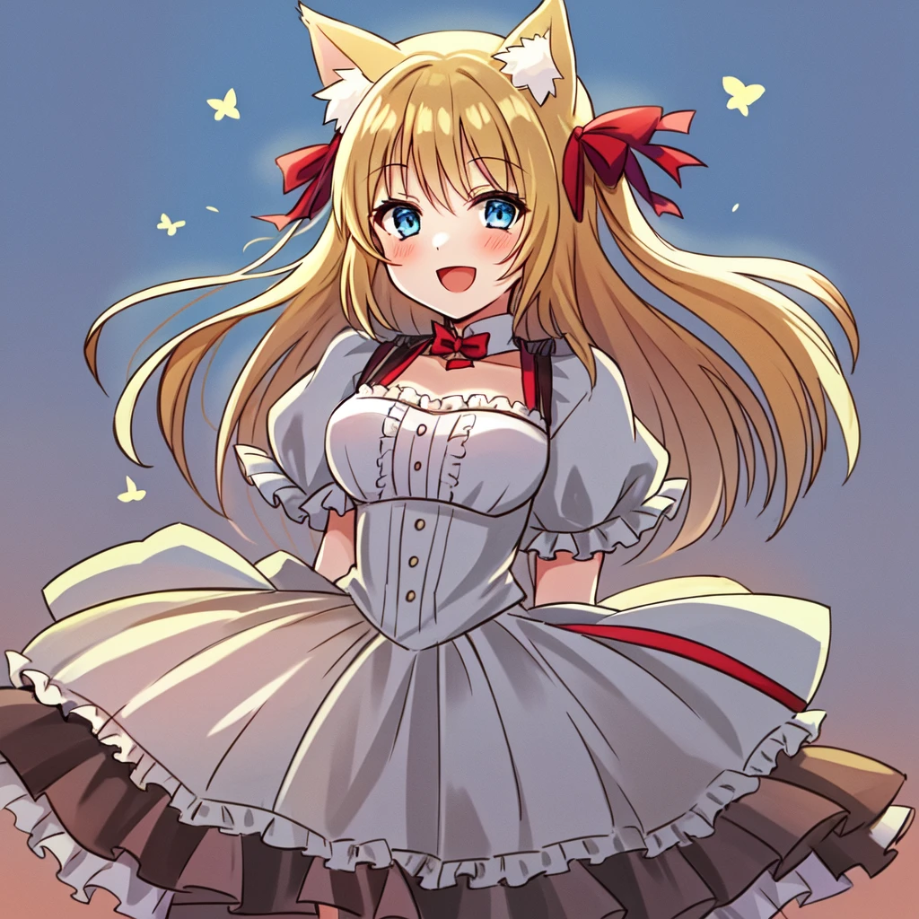 1girl, solo, catgirl, cat ears, :D, white dress, blonde hair, blue eyes, blue sky