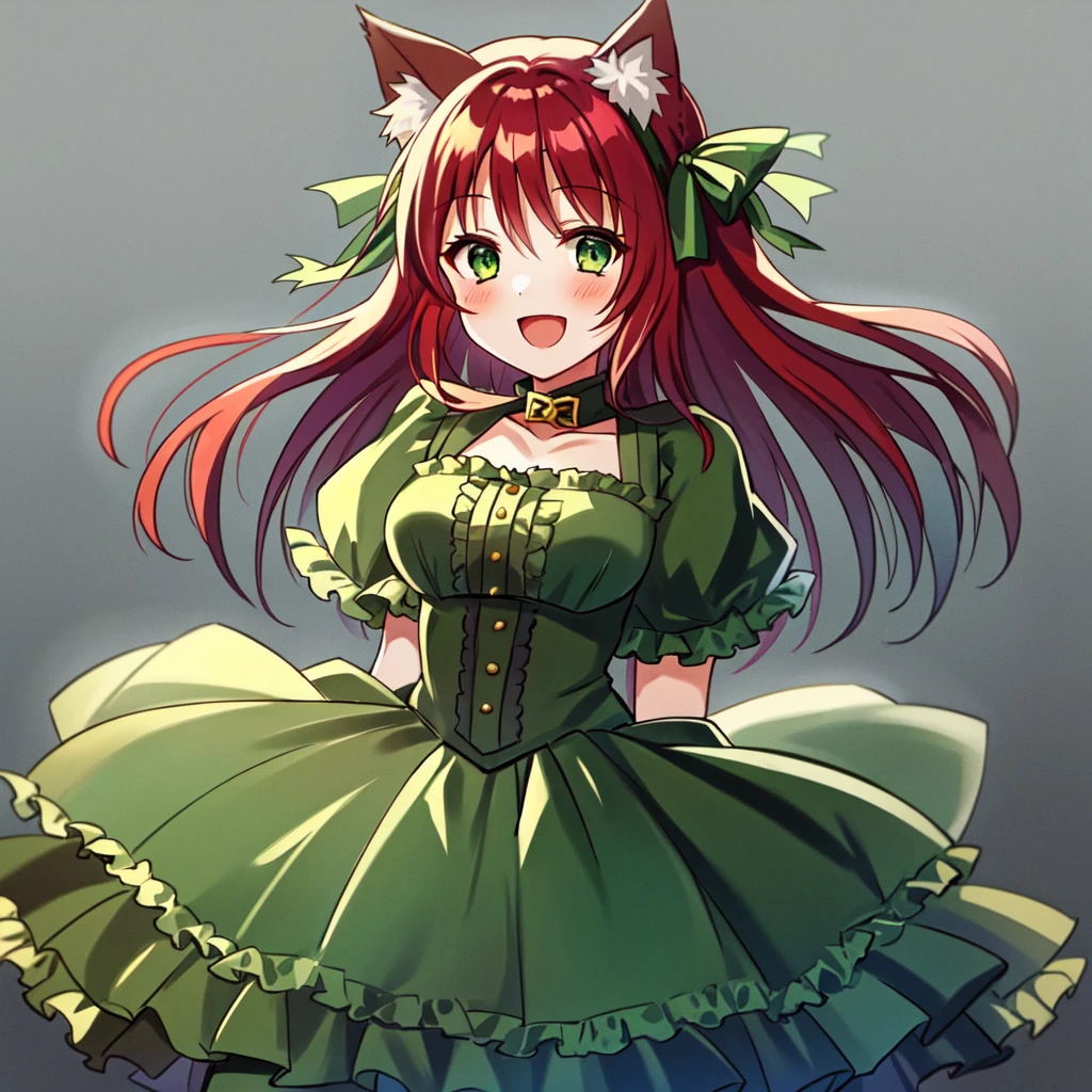 1girl, solo, catgirl, cat ears, :D, red hair, green eyes, green dress