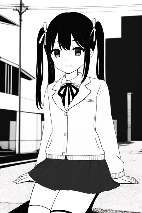 masterpiece, best quality, 1girl, solo, long_hair, looking_at_viewer, smile, bangs, skirt, shirt, black_hair, black_thighhighs, long_sleeves, ribbon, twintails, sitting, closed_mouth jacket, hair_ribbon, pleated_skirt, outdoors, miniskirt, blunt_bangs, zettai_ryouiki, black_shirt, night, white_ribbon, hair_over_shoulder, retro_artstyle, orange_skirt, orange_jacket, monochrome, lineart,black eyes