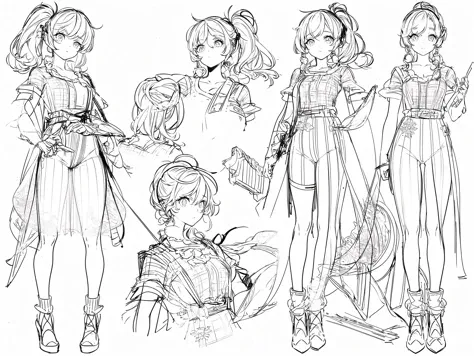 masterpiece, best quality, 1girl, solo, folded ponytail, socks, ((sketch)), simple background, white background, <lora:animeoutlineV3:1>, graphite \(medium\), multiple views, reference sheet, dynamic pose,