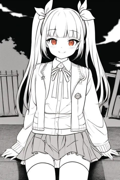 masterpiece, best quality, 1girl, solo, long_hair, looking_at_viewer, smile, bangs, skirt, shirt, black_hair, black_thighhighs,red eyes, long_sleeves, ribbon, twintails, sitting, closed_mouth jacket, hair_ribbon, pleated_skirt, outdoors, miniskirt, blunt_bangs, horror, terror, monster girl, nigthmare,  zettai_ryouiki, black_shirt, night, white_ribbon, hair_over_shoulder, retro_artstyle, orange_skirt, orange_jacket, monochrome, lineart,