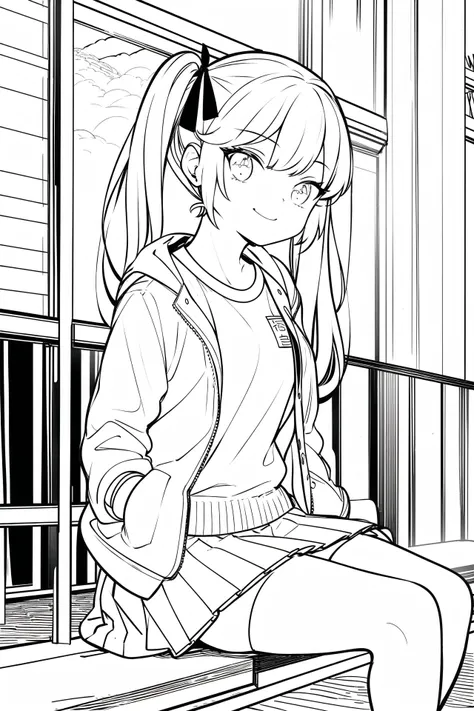 masterpiece, best quality, 1girl, solo, long_hair, looking_at_viewer, smile, bangs, skirt, shirt, black_hair, black_thighhighs, long_sleeves, ribbon, twintails, sitting, closed_mouth, purple_eyes, jacket, hair_ribbon, pleated_skirt, outdoors, miniskirt, blunt_bangs, zettai_ryouiki, black_shirt, night, white_ribbon, hair_over_shoulder, retro_artstyle, orange_skirt, orange_jacket, monochrome, lineart, <lora:animeoutlineV3-000008:1>