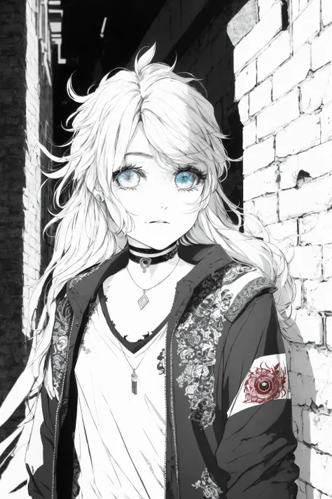 best quality, intricate details, chromatic aberration,
1girl, long hair, black hair, messy hair, red highlights, hair over one eye, red eyes, sharp eyes,
choker, neon shirt, torn legwear, open jacket,
against wall, brick wall, graffiti, dim lighting, alley
<lora:animeLineartStyle_v20Offset:1> , monochrome, lineart