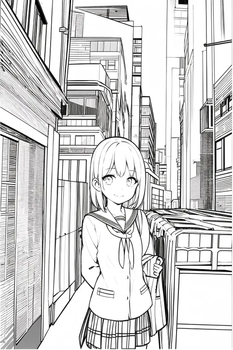 masterpiece, best quality, 1girl, <lora:thickline:1>, light smile, street, skyscrapper, school uniform, monochrome, lineart, <lora:animeoutlineV3-000008:1>