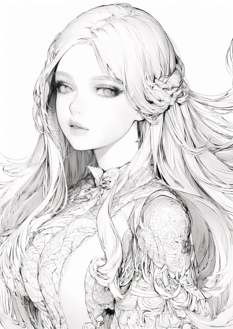 1girl (adult woman:1.2) witch (very_long_hair, white_hair:1.3) (portrait:1.3) yakuza, ganster (coloring book, masterpiece, realistic:1.3), (extremely intricate:1.2), (sketch, doodles, monochrome, lineart:1.2) (by WLOP:1.3) <lora:animeLineartStyle_v20Offset:0.8>