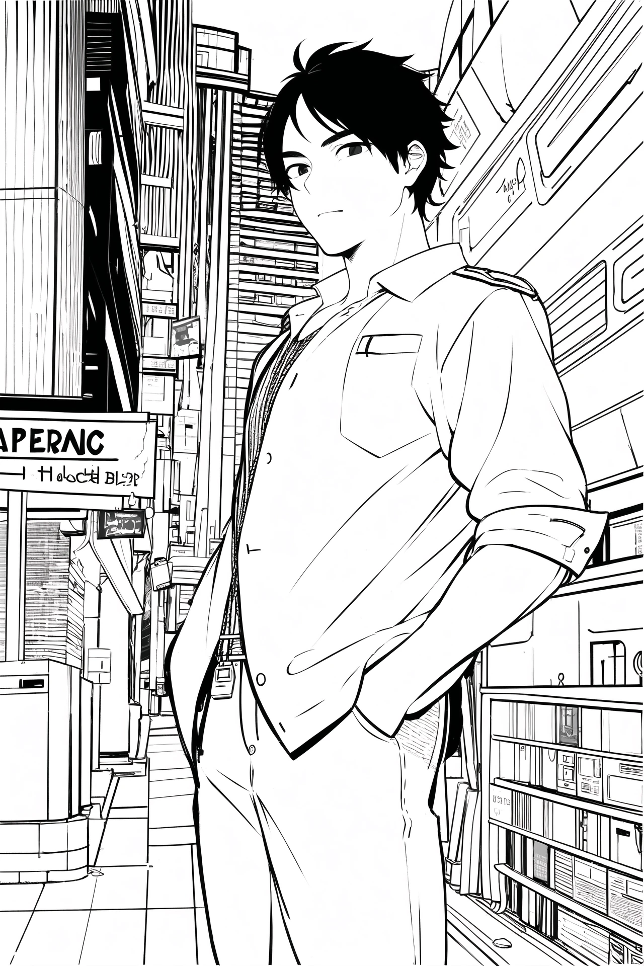 masterpiece, best quality, 1man, uniform, hand in pocket, school bag, black hair, black eyes, cyberpunk, street, <lora:animeoutlineV3:1>, monochrome, lineart